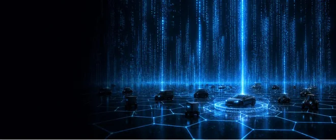 A hexagonal grid carrying a fleet of vehicles and robots, with columns of data descending onto them and one node mid-rollout.
