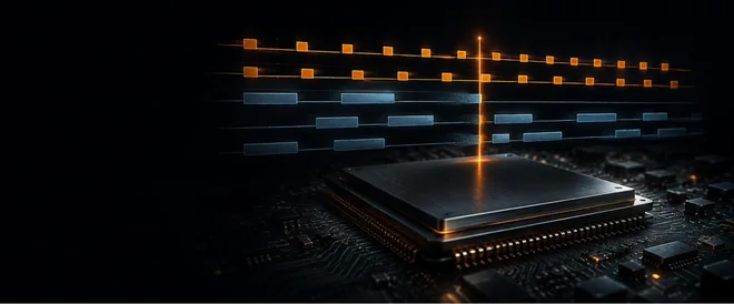A scheduling timeline above a processor package: amber high-criticality blocks at a fixed period, blue best-effort blocks cut short at the deadline line.